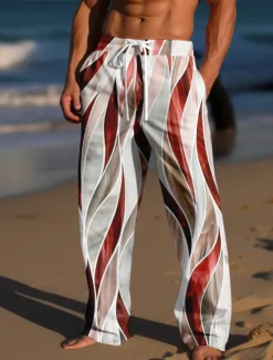 OUKU Men's Trousers Summer Pants Beach Pants Drawstring Elastic Waist 3D Print Color Block Graphic Prints Comfort Casual Daily Holiday Streetwear Hawaiian Light Green Red