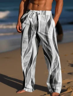 OUKU Men's Trousers Summer Pants Beach Pants Drawstring Elastic Waist 3D Print Color Block Graphic Prints Comfort Casual Daily Holiday Streetwear Hawaiian Light Green Red