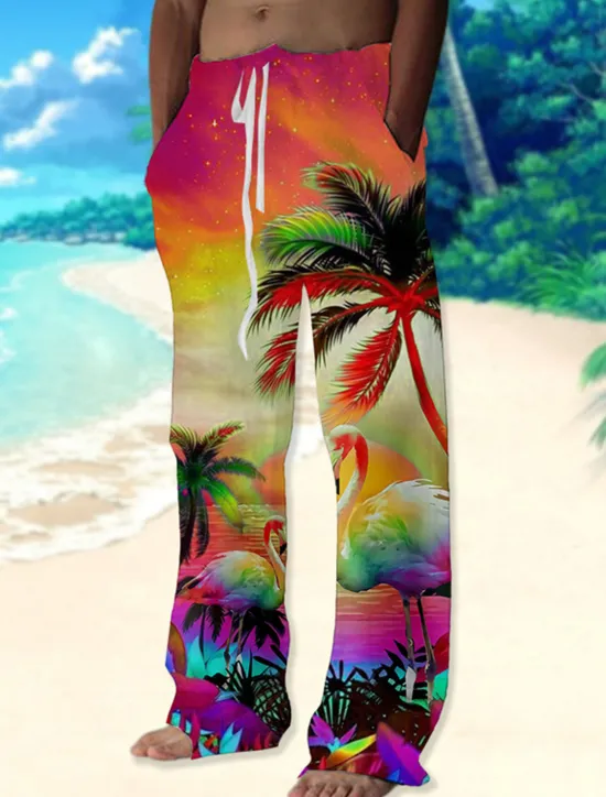 New OUKU Men's Trousers Summer Pants Beach Pants Drawstring Elastic Waist Straight Leg Animal Coconut Tree Graphic Prints Comfort Casual Daily Holiday Streetwear Hawaiian Red Blue