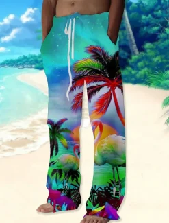 New OUKU Men's Trousers Summer Pants Beach Pants Drawstring Elastic Waist Straight Leg Animal Coconut Tree Graphic Prints Comfort Casual Daily Holiday Streetwear Hawaiian Red Blue