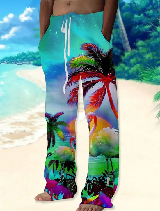 New OUKU Men's Trousers Summer Pants Beach Pants Drawstring Elastic Waist Straight Leg Animal Coconut Tree Graphic Prints Comfort Casual Daily Holiday Streetwear Hawaiian Red Blue