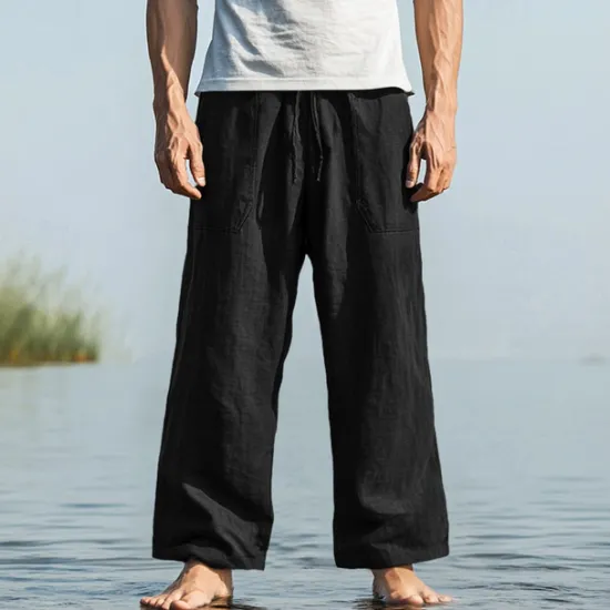 Hot OUKU Men's Trousers Summer Pants Baggy Pants Beach Pants Casual Pants Drawstring Front Pocket Straight Leg Plain Comfort Soft Full Length Yoga Holiday Beach Fashion Hawaiian Black White