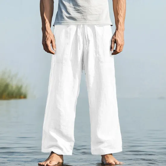 Hot OUKU Men's Trousers Summer Pants Baggy Pants Beach Pants Casual Pants Drawstring Front Pocket Straight Leg Plain Comfort Soft Full Length Yoga Holiday Beach Fashion Hawaiian Black White