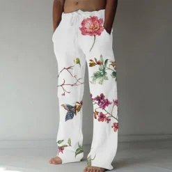 Discount OUKU Men's Trousers Summer Pants Beach Pants Elastic Drawstring Design Front Pocket Straight Leg Flower / Floral Comfort Soft Casual Daily For Vacation Linen Like Fabric Hawaiian White Apricot Inelastic