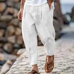 Hot OUKU Men's Trousers Summer Pants Tapered Carrot Pants Beach Pants Front Pocket Pleats Plain Comfort Breathable Casual Daily Holiday Fashion Streetwear Black White