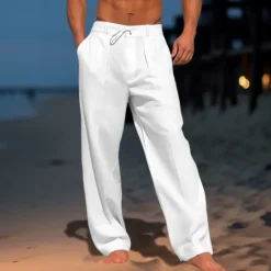 Hot OUKU Men's Trousers Summer Pants Beach Pants Drawstring Pleats Straight Leg Plain Comfort Breathable Wedding Casual Daily Fashion Classic Style Black White