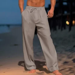 Hot OUKU Men's Trousers Summer Pants Beach Pants Drawstring Pleats Straight Leg Plain Comfort Breathable Wedding Casual Daily Fashion Classic Style Black White