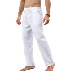 Best OUKU Men's Trousers Summer Pants Beach Pants Pocket Drawstring Straight Leg Plain Breathable Soft Full Length Home Casual Fashion Classic Loose Fit Black White Micro-elastic