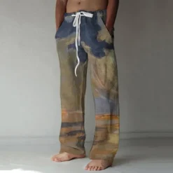 Discount OUKU Men's Trousers Summer Pants Baggy Beach Pants Elastic Drawstring Design Front Pocket Straight Leg Graphic Prints Landscape Comfort Soft Casual Daily For Vacation Linen Like Fabric Fashion Streetwear
