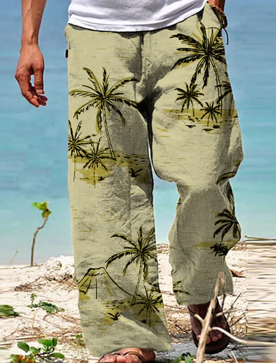 New OUKU Men's Trousers Summer Pants Beach Pants Drawstring Elastic Waist Straight Leg Coconut Tree Graphic Prints Comfort Casual Daily Holiday Hawaiian Designer White Yellow