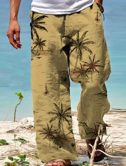 New OUKU Men's Trousers Summer Pants Beach Pants Drawstring Elastic Waist Straight Leg Coconut Tree Graphic Prints Comfort Casual Daily Holiday Hawaiian Designer White Yellow