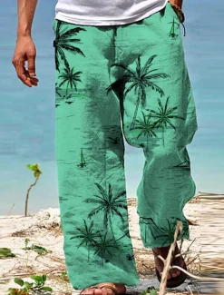 New OUKU Men's Trousers Summer Pants Beach Pants Drawstring Elastic Waist Straight Leg Coconut Tree Graphic Prints Comfort Casual Daily Holiday Hawaiian Designer White Yellow