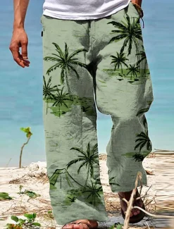 New OUKU Men's Trousers Summer Pants Beach Pants Drawstring Elastic Waist Straight Leg Coconut Tree Graphic Prints Comfort Casual Daily Holiday Hawaiian Designer White Yellow