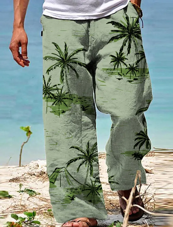 New OUKU Men's Trousers Summer Pants Beach Pants Drawstring Elastic Waist Straight Leg Coconut Tree Graphic Prints Comfort Casual Daily Holiday Hawaiian Designer White Yellow