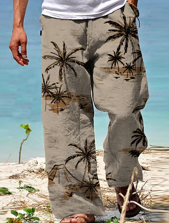 New OUKU Men's Trousers Summer Pants Beach Pants Drawstring Elastic Waist Straight Leg Coconut Tree Graphic Prints Comfort Casual Daily Holiday Hawaiian Designer White Yellow