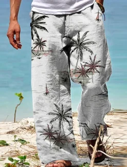 New OUKU Men's Trousers Summer Pants Beach Pants Drawstring Elastic Waist Straight Leg Coconut Tree Graphic Prints Comfort Casual Daily Holiday Hawaiian Designer White Yellow