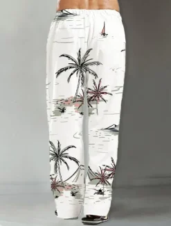 New OUKU Men's Trousers Summer Pants Beach Pants Drawstring Elastic Waist Straight Leg Coconut Tree Graphic Prints Comfort Casual Daily Holiday Hawaiian Designer White Yellow