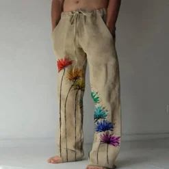 Best OUKU Men's Trousers Summer Pants Beach Pants Elastic Drawstring Design Front Pocket Straight Leg Graphic Prints Flower / Floral Comfort Soft Casual Daily For Vacation Linen Like Fabric Fashion Designer