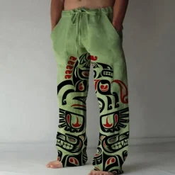 Online OUKU Men's Trousers Summer Pants Beach Pants Straight Drawstring Elastic Waist Front Pocket Abstract Graphic Prints Comfort Soft Casual Daily For Vacation Fashion Designer White Green