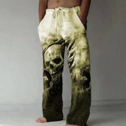 Clearance OUKU Men's Trousers Summer Pants Beach Pants Drawstring Elastic Waist 3D Print Skull Graphic Prints Comfort Casual Daily Holiday Streetwear Hawaiian Yellow Blue