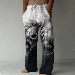 Clearance OUKU Men's Trousers Summer Pants Beach Pants Drawstring Elastic Waist 3D Print Skull Graphic Prints Comfort Casual Daily Holiday Streetwear Hawaiian Yellow Blue