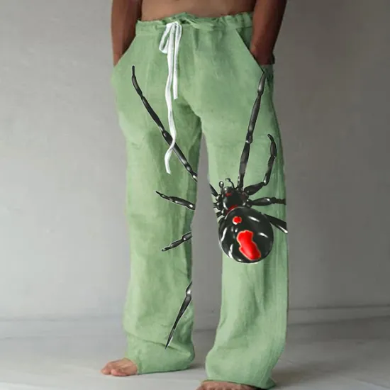 OUKU Men's Trousers Summer Pants Beach Pants Straight Elastic Drawstring Design Front Pocket Straight Leg Spider Graphic Prints Comfort Soft Casual Daily Fashion Big and Tall White Green