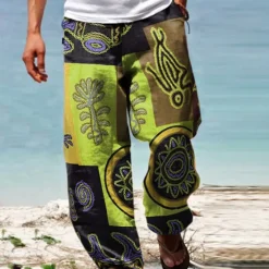 New OUKU Men's Trousers Summer Pants Baggy Beach Pants Drawstring Elastic Waist Graphic Patchwork Comfort Breathable Daily Beach Fashion Casual Yellow Blue Micro-elastic