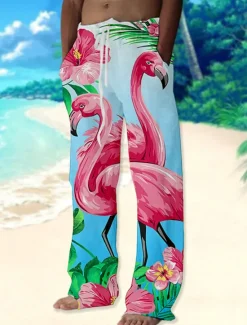 Clearance OUKU Men's Trousers Summer Pants Beach Pants Drawstring Elastic Waist Straight Leg Animal Flamingo Graphic Prints Comfort Casual Daily Holiday Streetwear Hawaiian Pink Blue