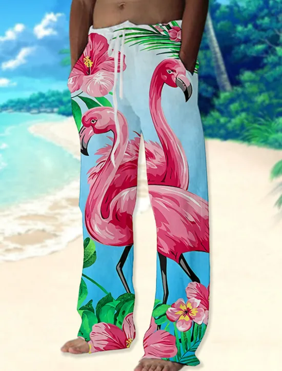 Clearance OUKU Men's Trousers Summer Pants Beach Pants Drawstring Elastic Waist Straight Leg Animal Flamingo Graphic Prints Comfort Casual Daily Holiday Streetwear Hawaiian Pink Blue