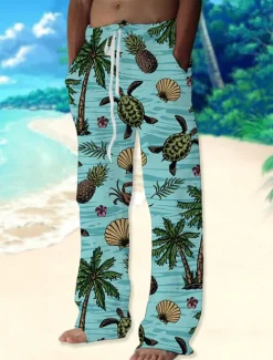 Clearance OUKU Men's Trousers Summer Pants Beach Pants Drawstring Elastic Waist Straight Leg Animal Flamingo Graphic Prints Comfort Casual Daily Holiday Streetwear Hawaiian Pink Blue