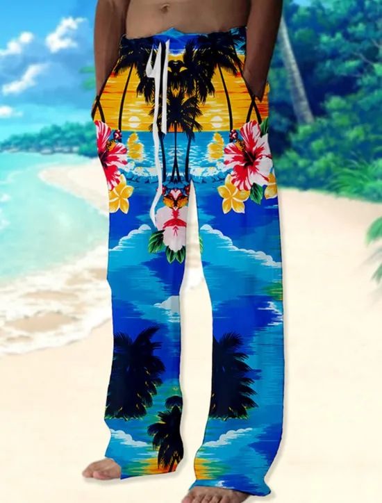 Clearance OUKU Men's Trousers Summer Pants Beach Pants Drawstring Elastic Waist Straight Leg Animal Flamingo Graphic Prints Comfort Casual Daily Holiday Streetwear Hawaiian Pink Blue