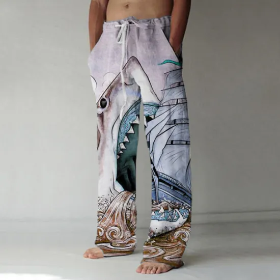 New OUKU Men's Trousers Summer Pants Baggy Beach Pants Elastic Drawstring Design Front Pocket Straight Leg Shark Graphic Prints Comfort Soft Casual Daily For Vacation Linen Like Fabric Fashion Streetwear Blue