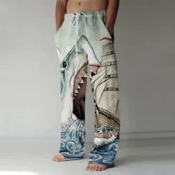 New OUKU Men's Trousers Summer Pants Baggy Beach Pants Elastic Drawstring Design Front Pocket Straight Leg Shark Graphic Prints Comfort Soft Casual Daily For Vacation Linen Like Fabric Fashion Streetwear Blue