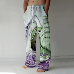 New OUKU Men's Trousers Summer Pants Baggy Beach Pants Elastic Drawstring Design Front Pocket Straight Leg Shark Graphic Prints Comfort Soft Casual Daily For Vacation Linen Like Fabric Fashion Streetwear Blue