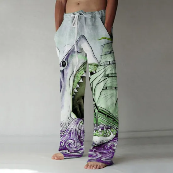 New OUKU Men's Trousers Summer Pants Baggy Beach Pants Elastic Drawstring Design Front Pocket Straight Leg Shark Graphic Prints Comfort Soft Casual Daily For Vacation Linen Like Fabric Fashion Streetwear Blue