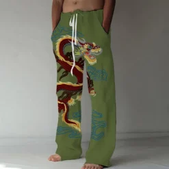 Best OUKU Men's Trousers Summer Pants Beach Pants Elastic Drawstring Design Front Pocket Straight Leg Dragon Graphic Prints Comfort Soft Casual Daily Fashion Big and Tall White Green