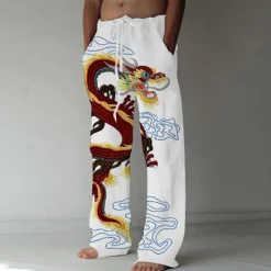 Best OUKU Men's Trousers Summer Pants Beach Pants Elastic Drawstring Design Front Pocket Straight Leg Dragon Graphic Prints Comfort Soft Casual Daily Fashion Big and Tall White Green