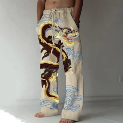 Best OUKU Men's Trousers Summer Pants Beach Pants Elastic Drawstring Design Front Pocket Straight Leg Dragon Graphic Prints Comfort Soft Casual Daily Fashion Big and Tall White Green