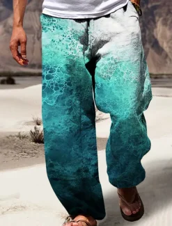 Outlet OUKU Men's Trousers Summer Pants Beach Pants Drawstring Elastic Waist 3D Print Gradient Graphic Prints Comfort Casual Daily Holiday Streetwear Hawaiian Blue Green