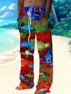 Online OUKU Men's Trousers Summer Pants Beach Pants Drawstring Elastic Waist Straight Leg Graphic Prints Fish Comfort Casual Daily Holiday Hawaiian Designer Red Blue