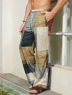 Clearance OUKU Men's Trousers Summer Pants Beach Pants Drawstring Elastic Waist 3D Print Stripe Graphic Prints Geometry Comfort Casual Daily Holiday Streetwear Hawaiian Yellow Blue