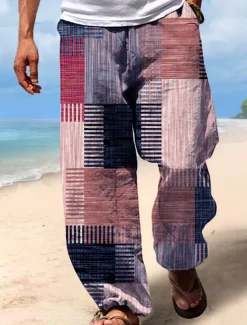 Clearance OUKU Men's Trousers Summer Pants Beach Pants Drawstring Elastic Waist 3D Print Stripe Graphic Prints Geometry Comfort Casual Daily Holiday Streetwear Hawaiian Yellow Blue