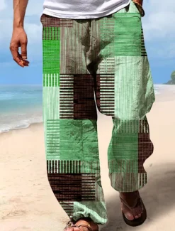 Clearance OUKU Men's Trousers Summer Pants Beach Pants Drawstring Elastic Waist 3D Print Stripe Graphic Prints Geometry Comfort Casual Daily Holiday Streetwear Hawaiian Yellow Blue