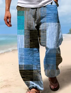 Clearance OUKU Men's Trousers Summer Pants Beach Pants Drawstring Elastic Waist 3D Print Stripe Graphic Prints Geometry Comfort Casual Daily Holiday Streetwear Hawaiian Yellow Blue