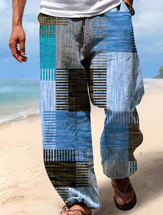 Clearance OUKU Men's Trousers Summer Pants Beach Pants Drawstring Elastic Waist 3D Print Stripe Graphic Prints Geometry Comfort Casual Daily Holiday Streetwear Hawaiian Yellow Blue