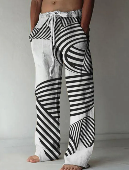 Discount OUKU Men's Trousers Summer Pants Beach Pants Drawstring Elastic Waist 3D Print Geometric Pattern Graphic Prints Comfort Casual Daily Holiday Streetwear Hawaiian White Green
