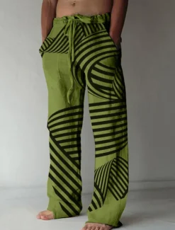 Discount OUKU Men's Trousers Summer Pants Beach Pants Drawstring Elastic Waist 3D Print Geometric Pattern Graphic Prints Comfort Casual Daily Holiday Streetwear Hawaiian White Green
