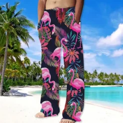 Online OUKU Men's Trousers Summer Pants Beach Pants Drawstring Elastic Waist Straight Leg Animal Flamingo Graphic Prints Comfort Casual Daily Holiday Streetwear Hawaiian Pink Red