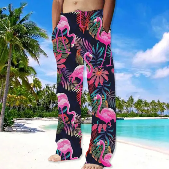 Online OUKU Men's Trousers Summer Pants Beach Pants Drawstring Elastic Waist Straight Leg Animal Flamingo Graphic Prints Comfort Casual Daily Holiday Streetwear Hawaiian Pink Red