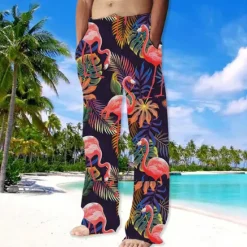 Online OUKU Men's Trousers Summer Pants Beach Pants Drawstring Elastic Waist Straight Leg Animal Flamingo Graphic Prints Comfort Casual Daily Holiday Streetwear Hawaiian Pink Red